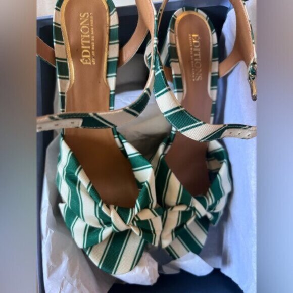 Sezane Editions High Carmela Sandals Green White Stripe Size 11 - Picture 3 of 12